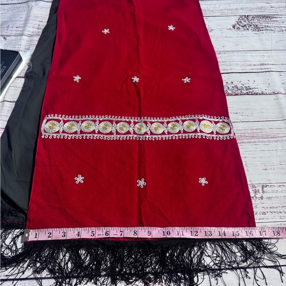 Embroidered Red Shawl with Black Fringe - Picture 5 of 6